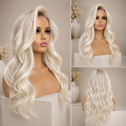 Leila | Body Wave Wig – Highlight Platinum Blonde | HD Transparent Lace Front | Remy Human Hair | 150–180% Density | 20–28 Inch