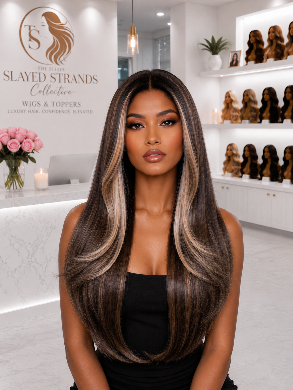 Vivienne | Long Straight Layered Synthetic Lace Front Wig – 13x4 Lace | 150% Density | 28 Inch