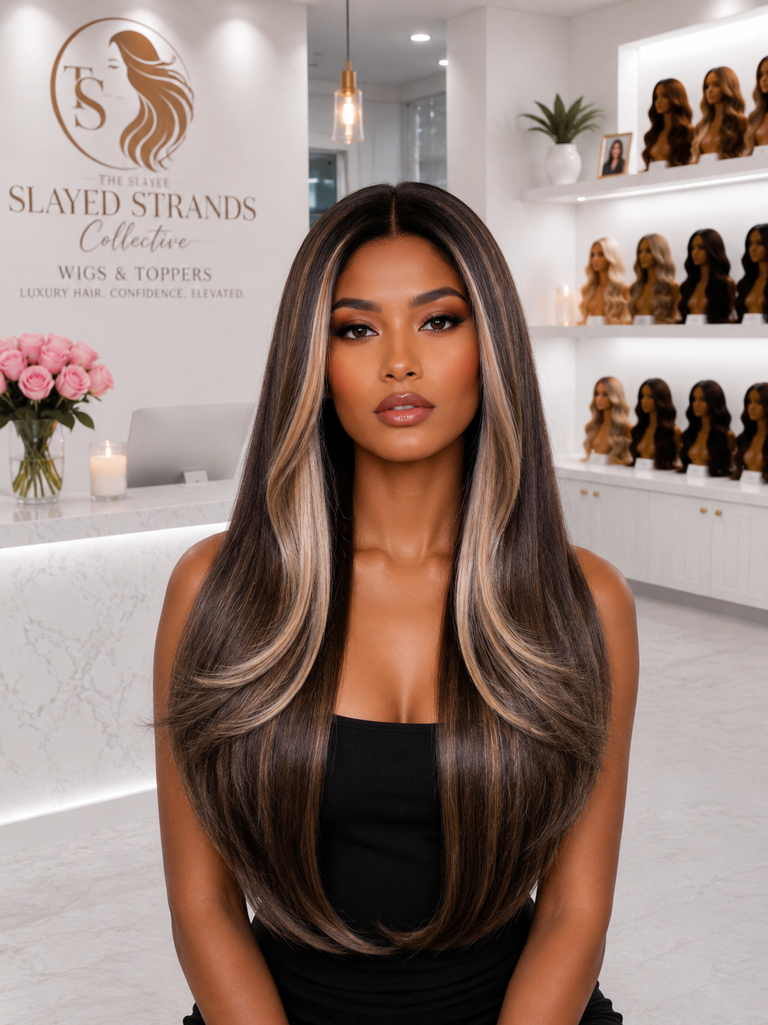Vivienne | Long Straight Layered Synthetic Lace Front Wig – 13x4 Lace | 150% Density | 28 Inch