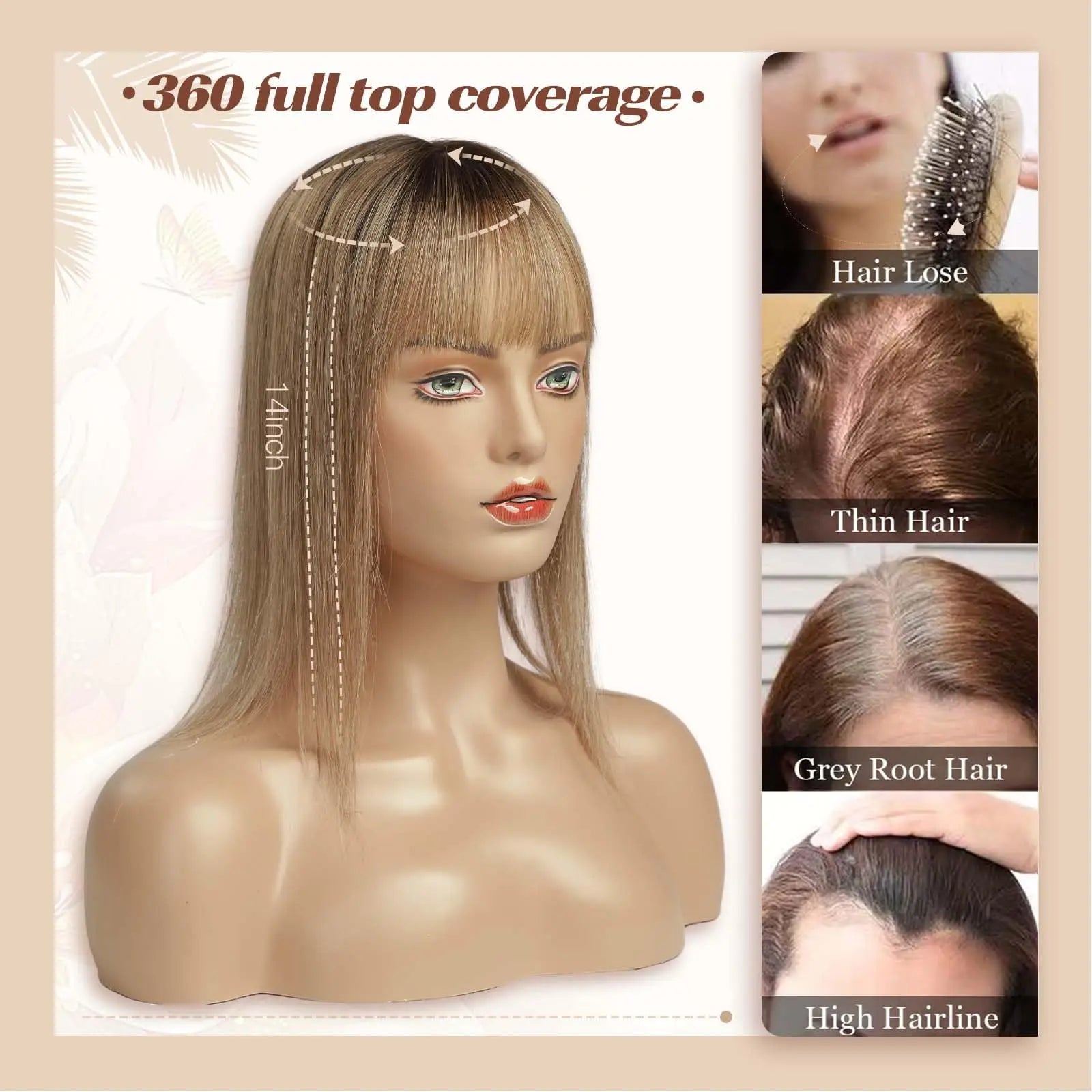 Ombre Brown Straight Human Hair Topper with Bangs – Silk Base 3-Clip
