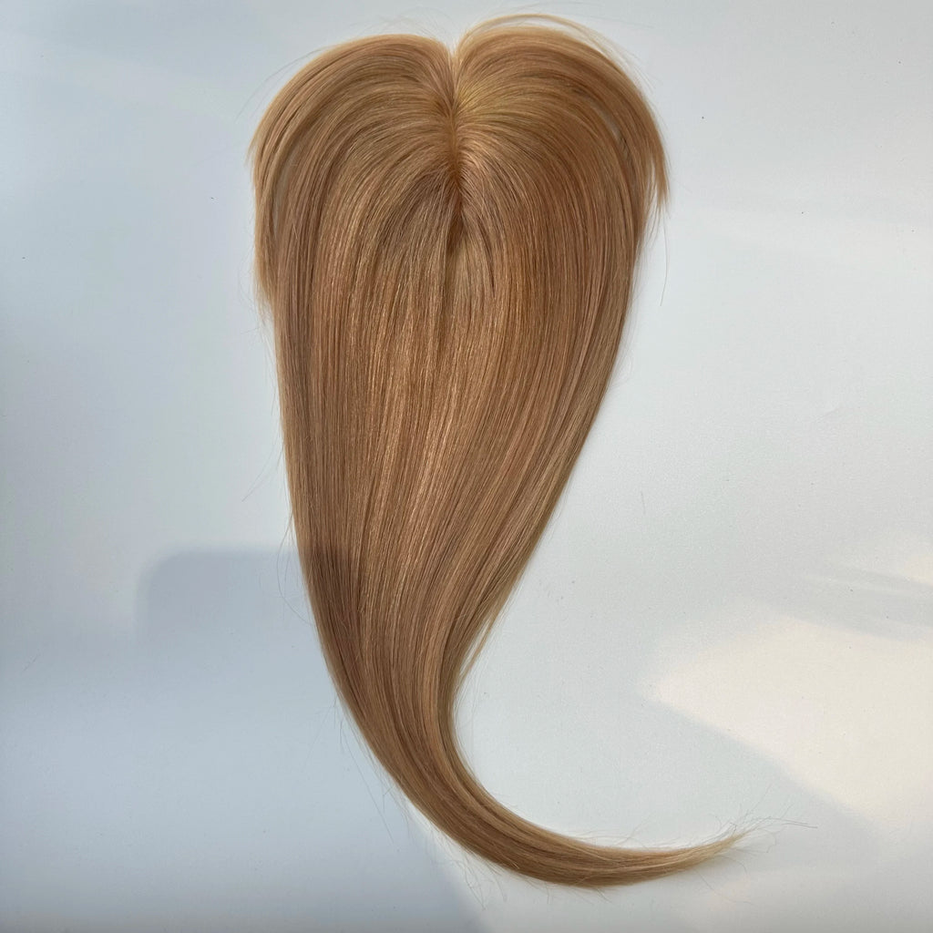 Blonde Straight Human Hair Topper with Bangs – Silk Base Clip-In