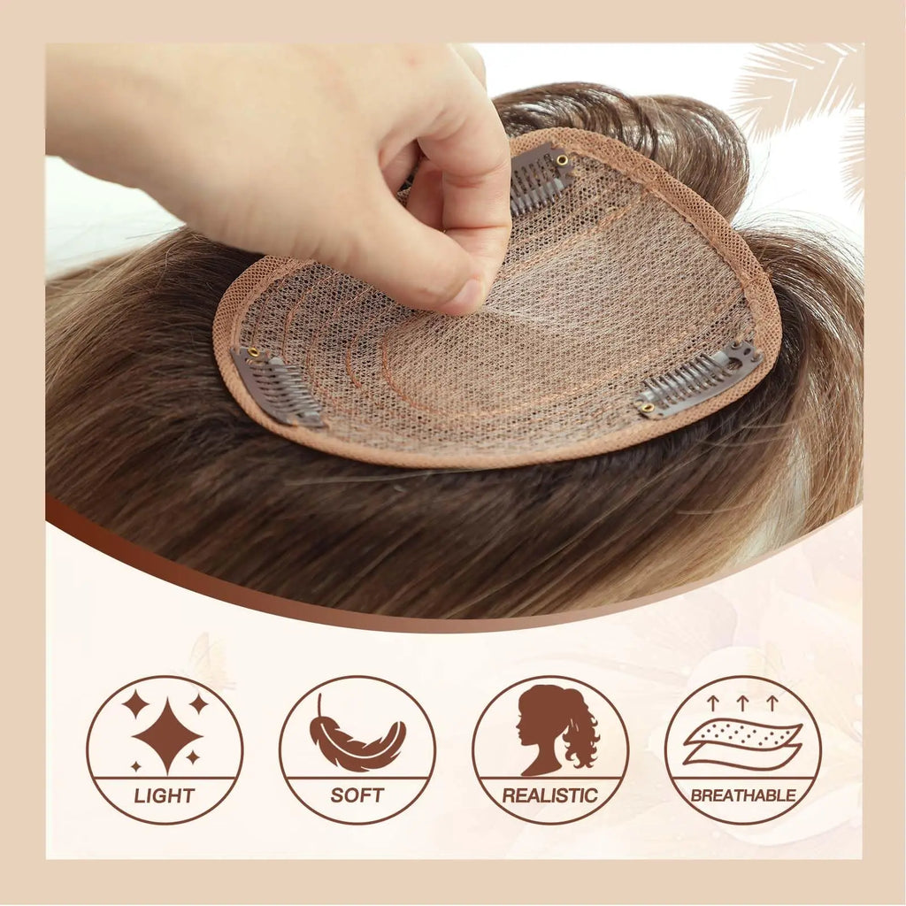 Ombre Brown Straight Human Hair Topper with Bangs – Silk Base 3-Clip