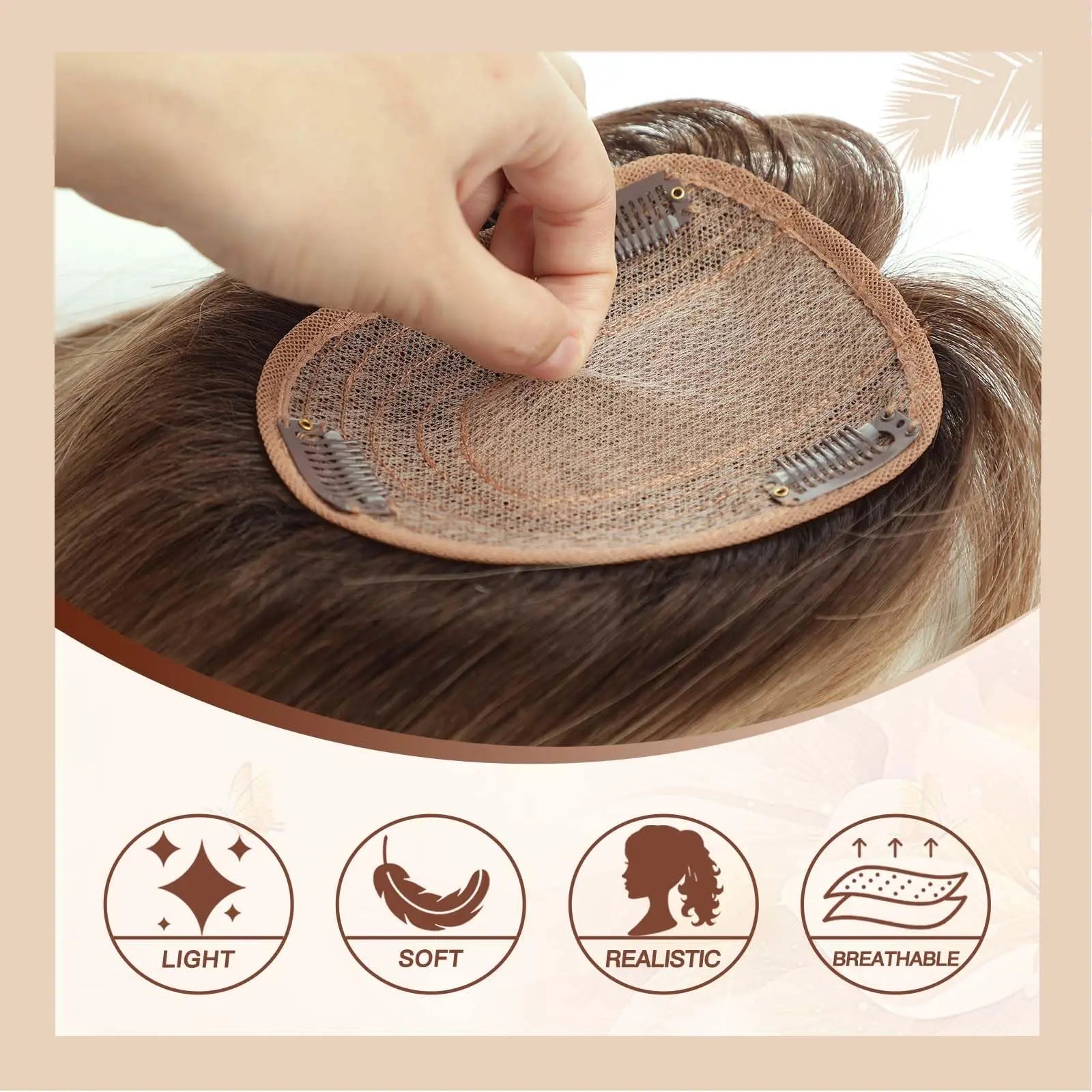 Ombre Brown Straight Human Hair Topper with Bangs – Silk Base 3-Clip