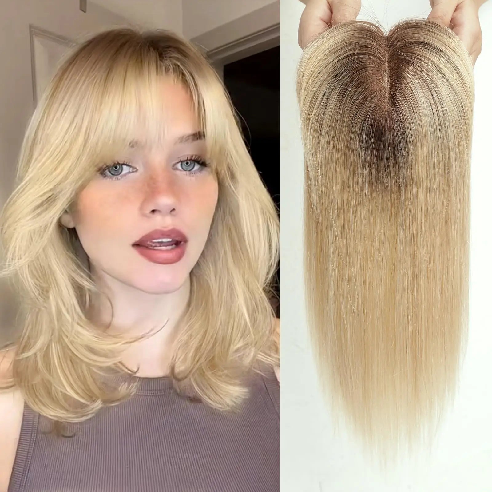 Straight Remy Human Hair Topper with Bangs – Silk Base, Multi-Shade