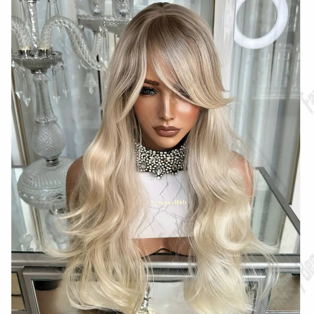 Platinum Blonde Ombre Curtain Bangs 13x6 Lace Wig