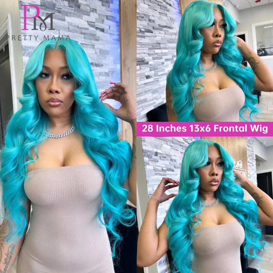 Cyan Blue / Light Green Body Wave 13x6 Lace Front Wig