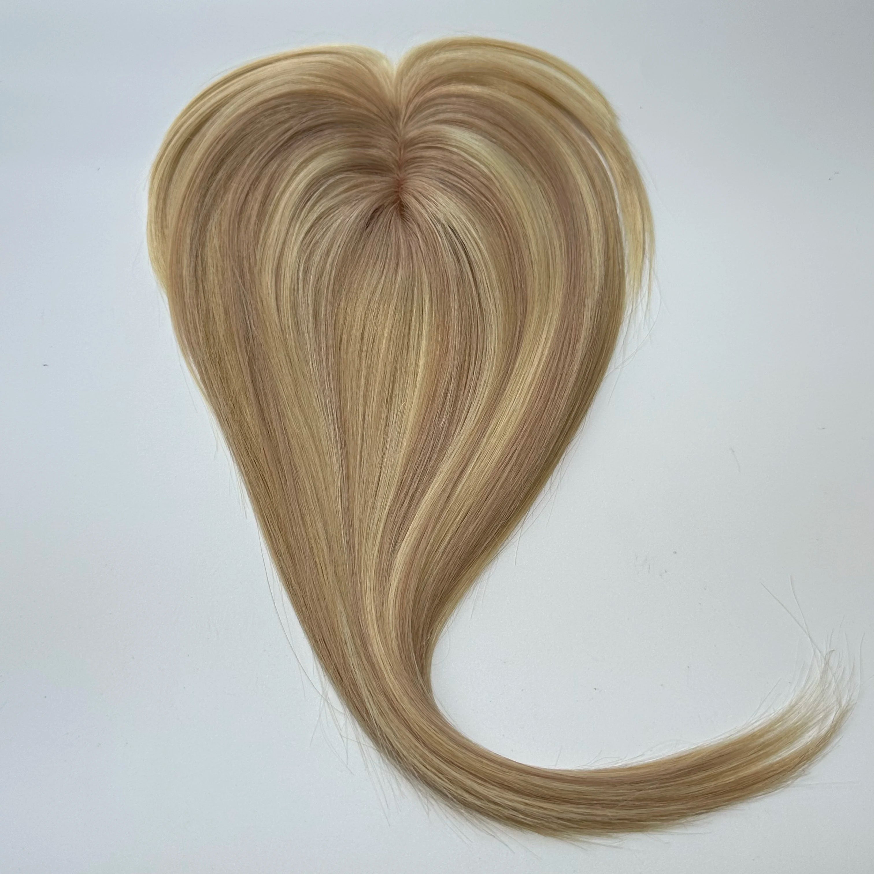 Blonde Straight Human Hair Topper with Bangs – Silk Base Clip-In