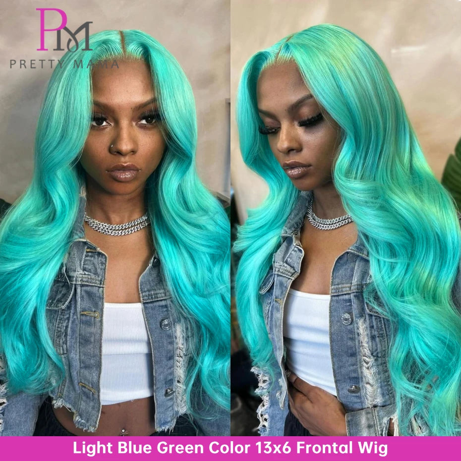 Cyan Blue / Light Green Body Wave 13x6 Lace Front Wig