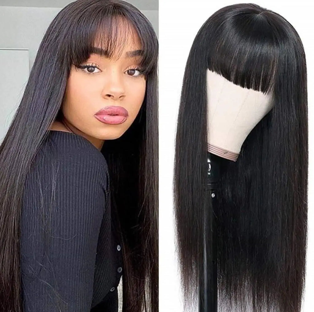 Onyx | Long Straight Indian Remy Human Hair Wig with Bangs – Natural Black | 150–200% Density | 26–32 Inch