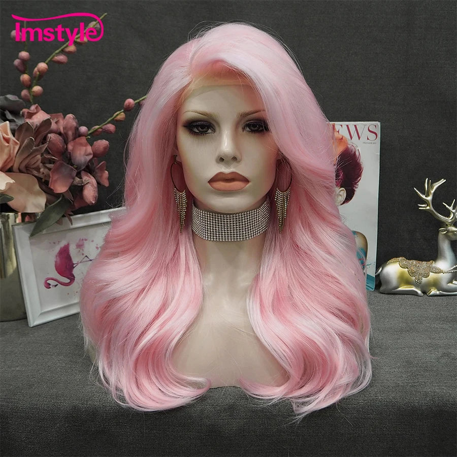 Imstyle Pink Lace Wig Synthetic Lace Front Wig Heat Resistant Fiber Natural Wavy Wigs For Cosplay Wigs Women Wig