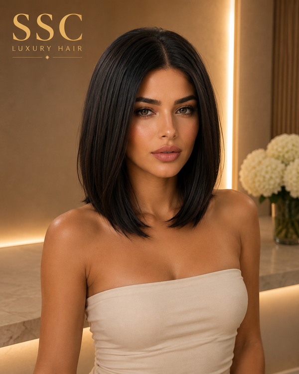 Ebony | Short Straight Black Bob Synthetic Lace Wig – 13x6 Transparent Lace | Daily Wear