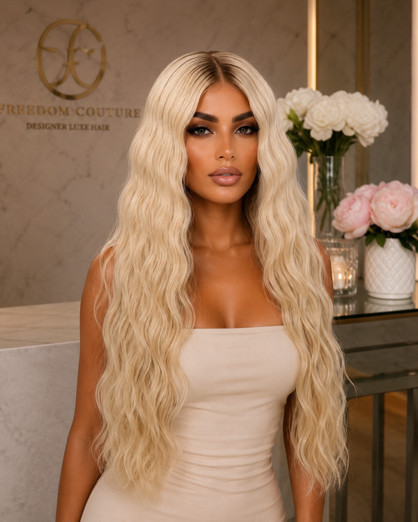 Waverly | Ombre Blonde Deep Wave Lace Front Synthetic Wig – 34 Inch | 13x4 Lace