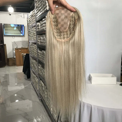 Cuticle Aligned Blonde Human Hair Topper Piece Clip Wig Straight Mono Wavy Top Human Hair Topper