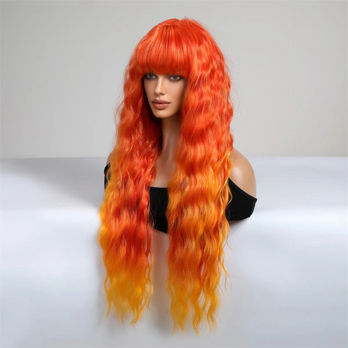 Long Wavy Wig | Ombre Orange with Bangs | Heat Resistant Synthetic | 30"