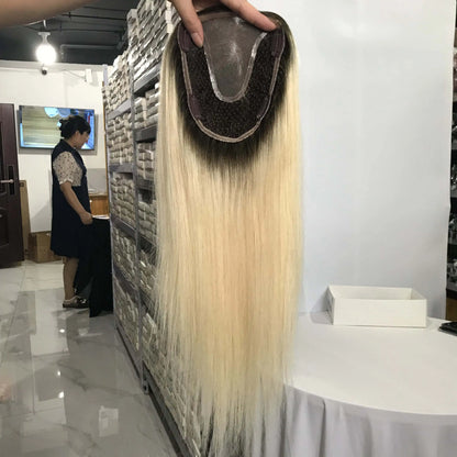 Cuticle Aligned Blonde Human Hair Topper Piece Clip Wig Straight Mono Wavy Top Human Hair Topper