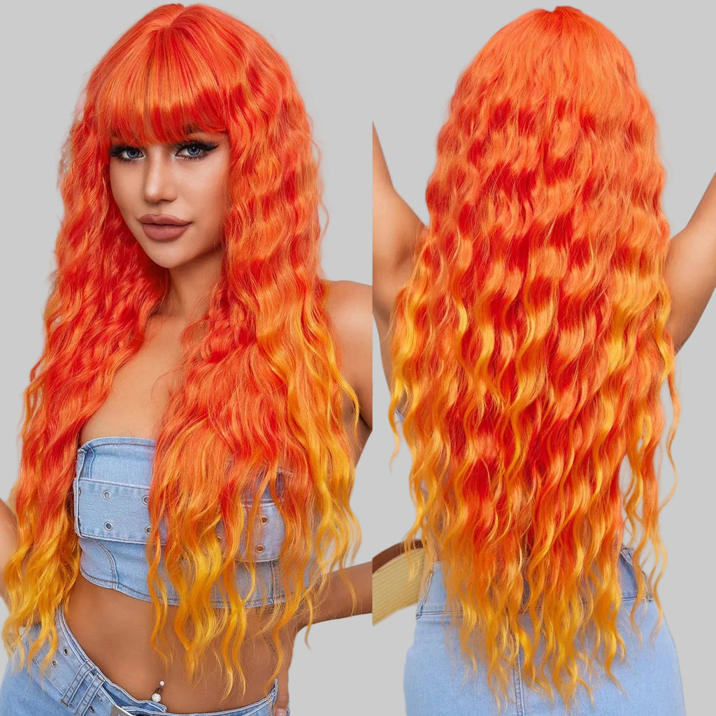 Long Wavy Wig | Ombre Orange with Bangs | Heat Resistant Synthetic | 30"
