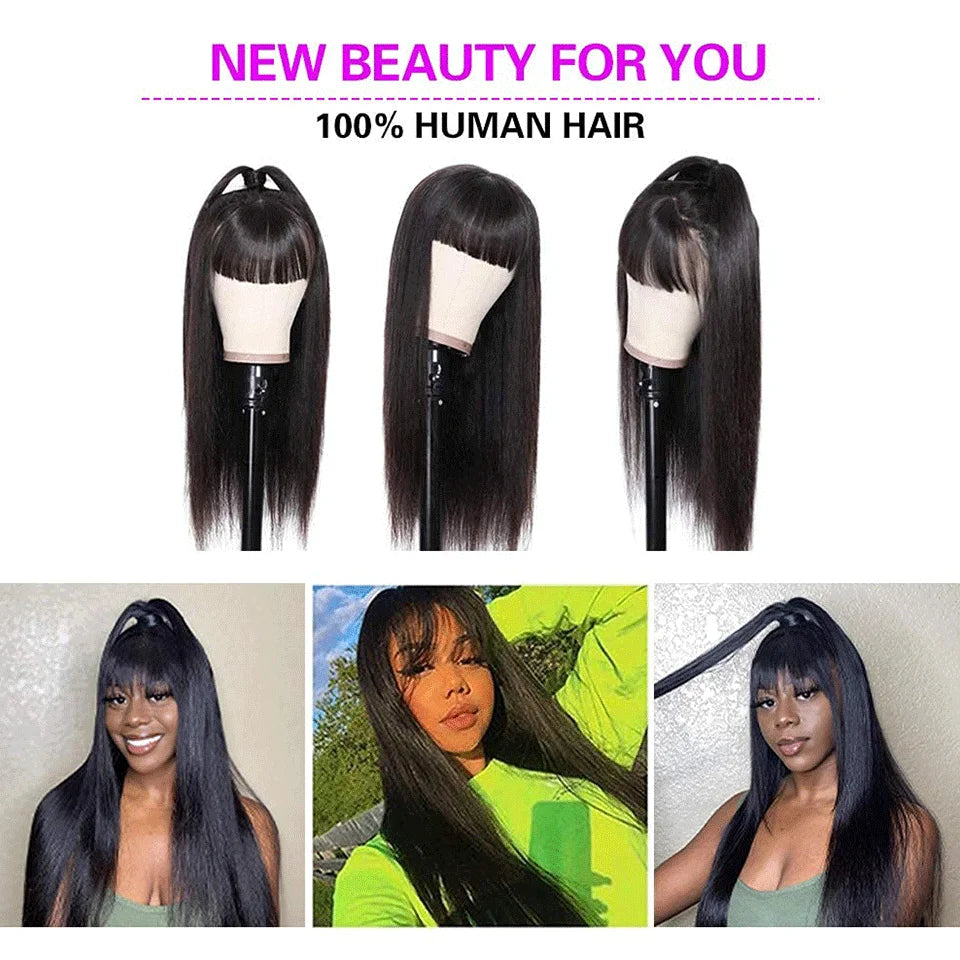 Onyx | Long Straight Indian Remy Human Hair Wig with Bangs – Natural Black | 150–200% Density | 26–32 Inch