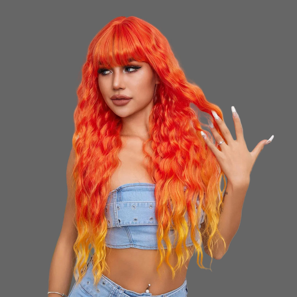 Long Wavy Wig | Ombre Orange with Bangs | Heat Resistant Synthetic | 30"