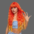 Long Wavy Wig | Ombre Orange with Bangs | Heat Resistant Synthetic | 30"