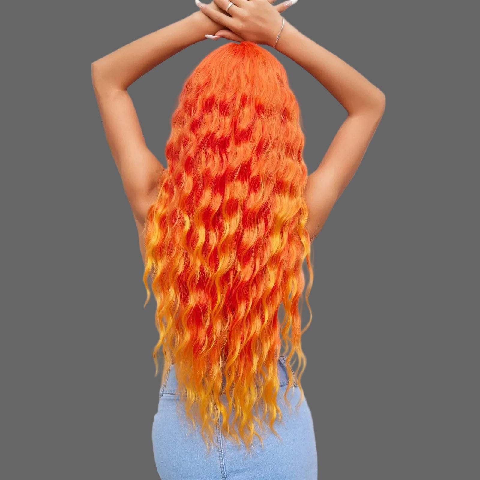 Long Wavy Wig | Ombre Orange with Bangs | Heat Resistant Synthetic | 30"