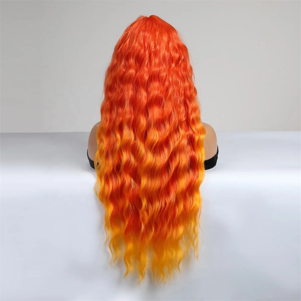 Long Wavy Wig | Ombre Orange with Bangs | Heat Resistant Synthetic | 30"