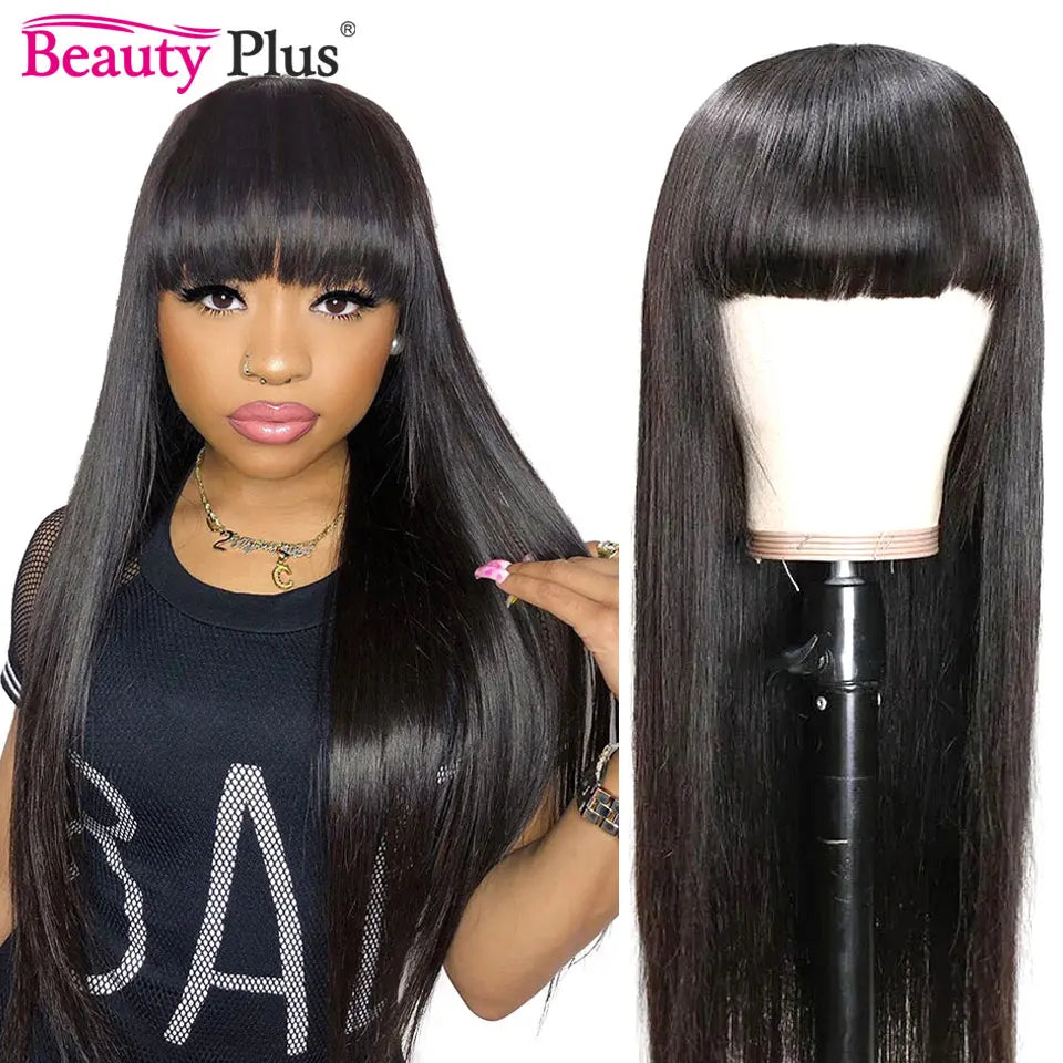 Onyx | Long Straight Indian Remy Human Hair Wig with Bangs – Natural Black | 150–200% Density | 26–32 Inch