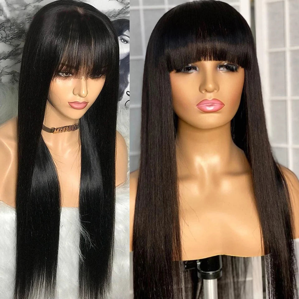 Onyx | Long Straight Indian Remy Human Hair Wig with Bangs – Natural Black | 150–200% Density | 26–32 Inch