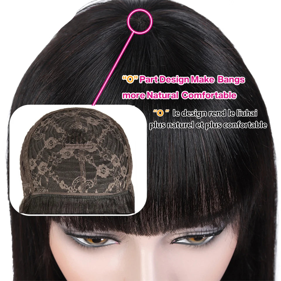 Onyx | Long Straight Indian Remy Human Hair Wig with Bangs – Natural Black | 150–200% Density | 26–32 Inch