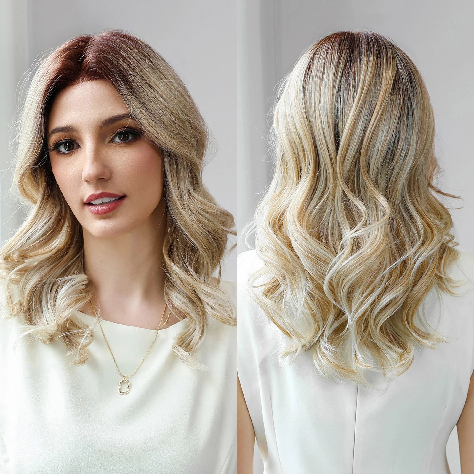 Celeste | Long Wavy Blonde Monofilament Lace Front Synthetic Wig – 16 Inch | 150–180% Density