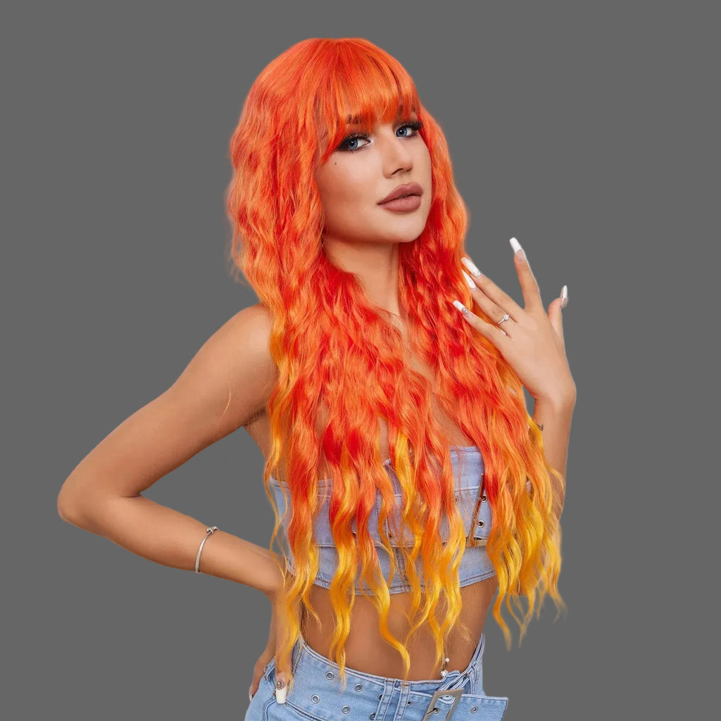 Long Wavy Wig | Ombre Orange with Bangs | Heat Resistant Synthetic | 30"