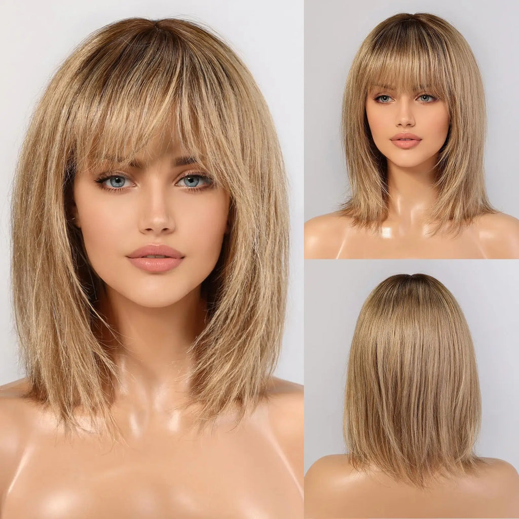 Short Human Hair Bob Wig with Bangs | Straight Ombre Brown | 12 Inch