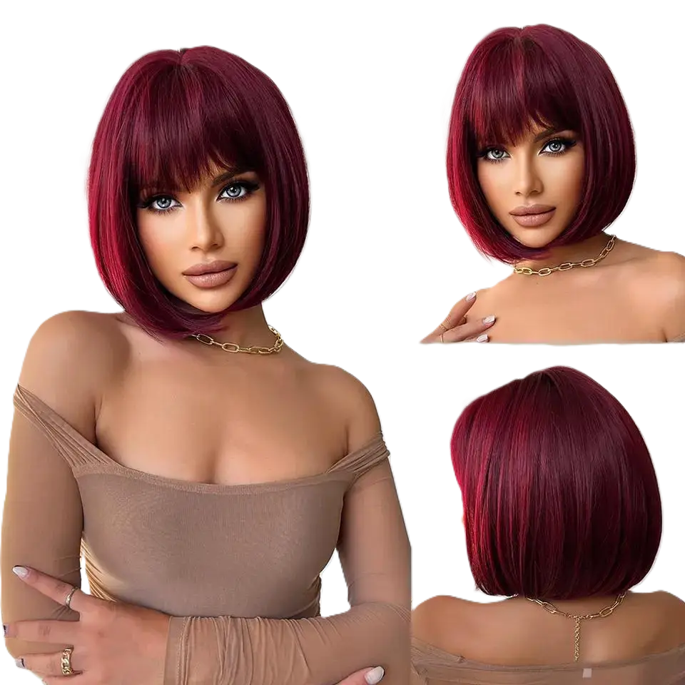 Scarlett | Short Straight Bob Wig – Wine Red | Heat Resistant Synthetic | 130% Density
