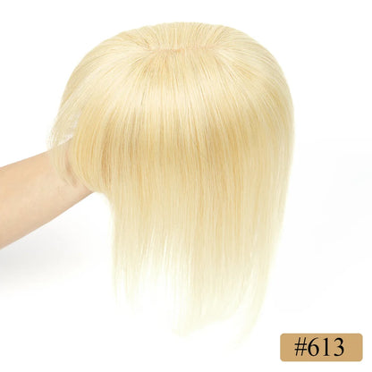 Velvet | Straight Human Hair Topper with Bangs – 8x12cm Base | Clip-In | Natural Black, Brown & Blonde