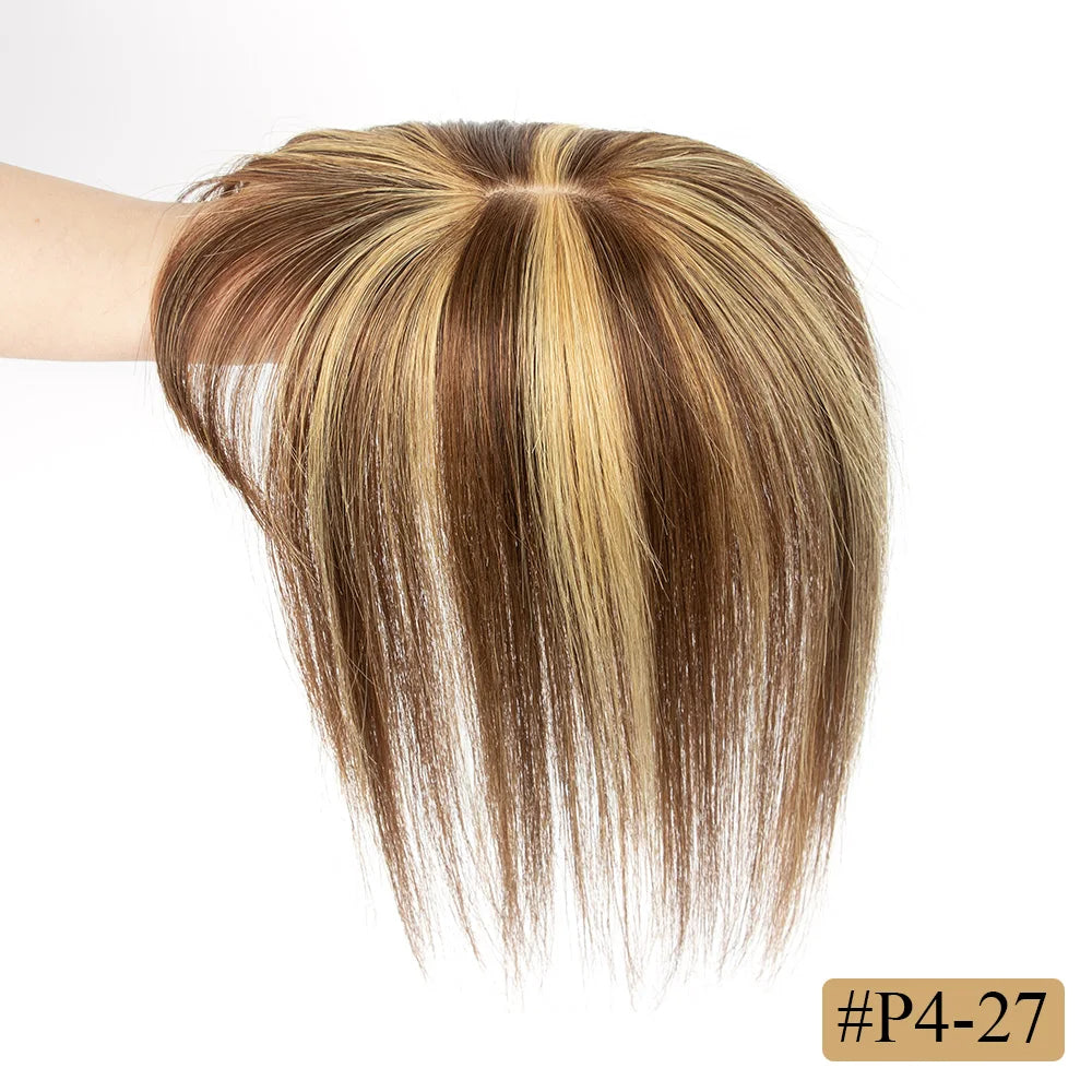 Velvet | Straight Human Hair Topper with Bangs – 8x12cm Base | Clip-In | Natural Black, Brown & Blonde