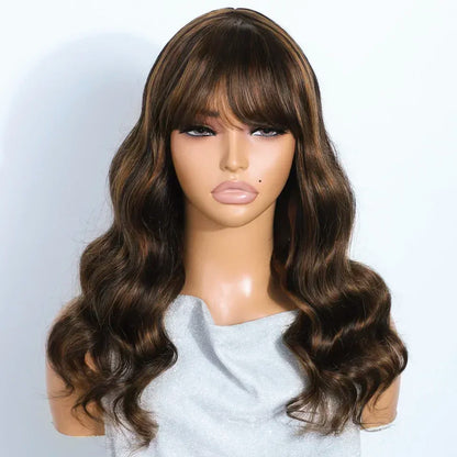 Maple | P4-30-27 Highlight Ombre Body Wave Wig with Bangs – Glueless | 180% Density | Peruvian Remy Hair | 12–26 Inch