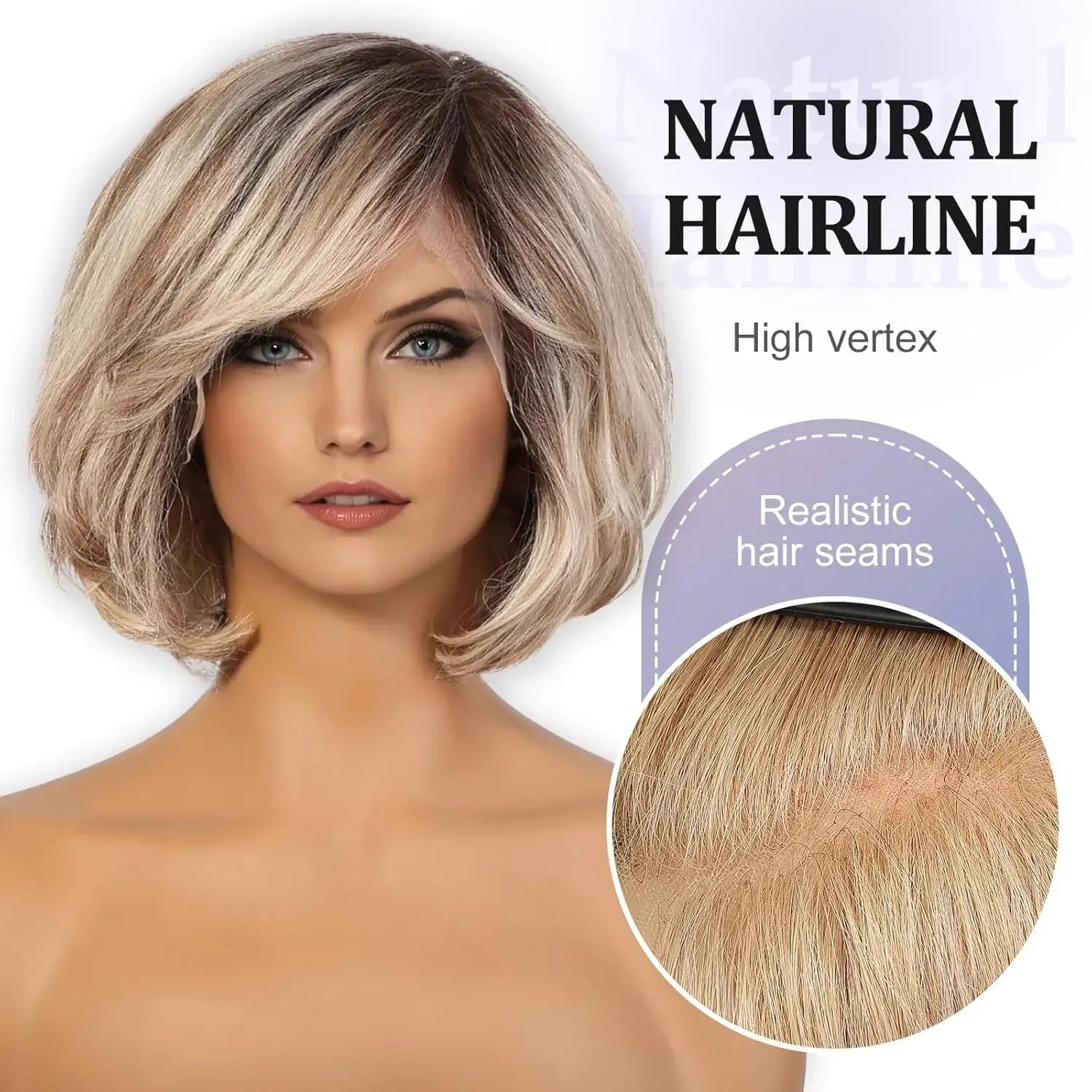 Dusk | Short Layered Wavy Bob Remy Human Hair Wig with Bangs – Blonde Highlights & Dark Roots | 12 Inch