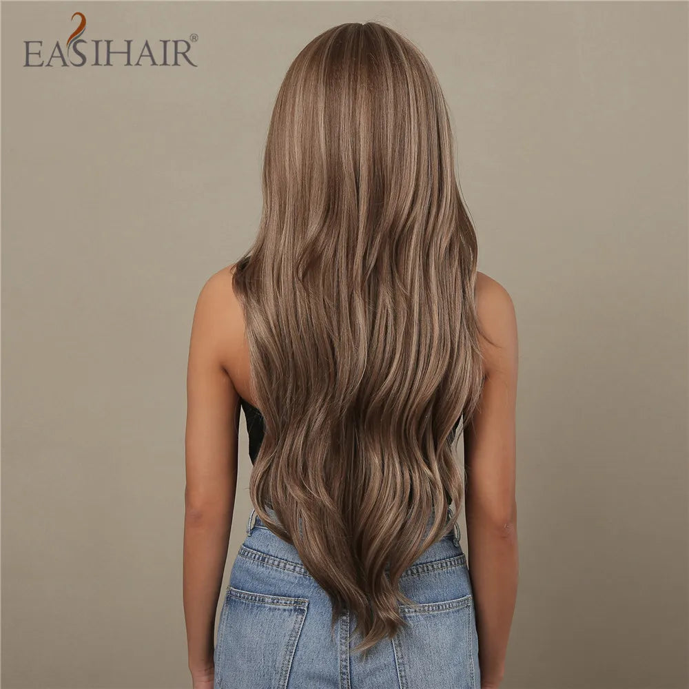 EASIHAIR Brown Mixed Blonde Synthetic Wigs with Bang Long Natural Wavy Hair Wig for Black Women Daily Cosplay Use Heat Resistant