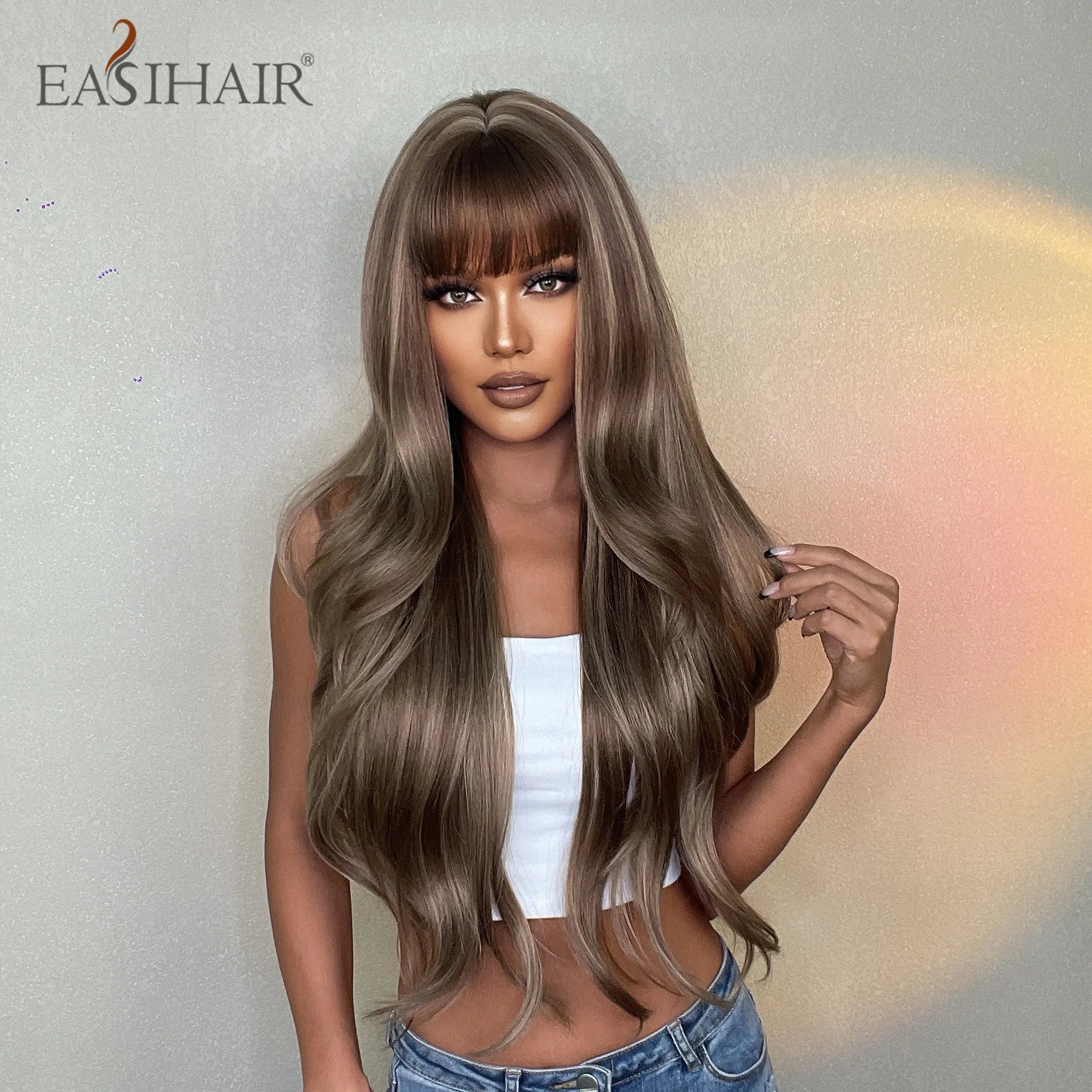 EASIHAIR Brown Mixed Blonde Synthetic Wigs with Bang Long Natural Wavy Hair Wig for Black Women Daily Cosplay Use Heat Resistant