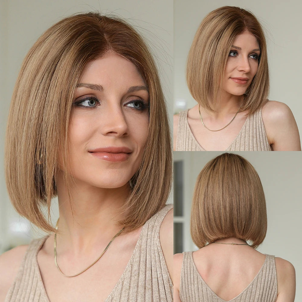 Hazel | Short Wavy Bob Remy Human Hair Lace Front Wig – Brown Blonde Ombre