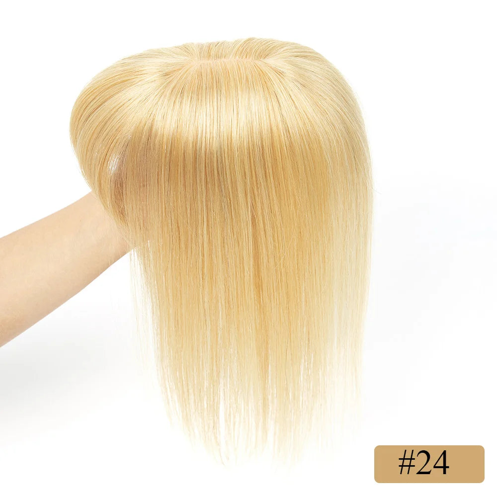 Velvet | Straight Human Hair Topper with Bangs – 8x12cm Base | Clip-In | Natural Black, Brown & Blonde