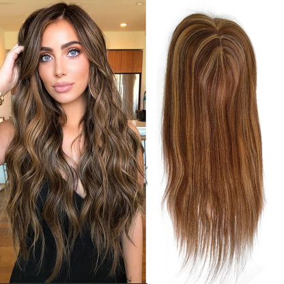 Silk | Straight Human Hair Topper – 15x16cm Silk Base | Clip-In | 130% Density | Free Part | 12–20 Inch