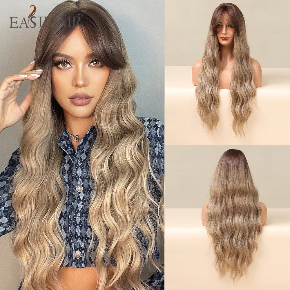 EASIHAIR Brown Mixed Blonde Synthetic Wigs with Bang Long Natural Wavy Hair Wig for Black Women Daily Cosplay Use Heat Resistant