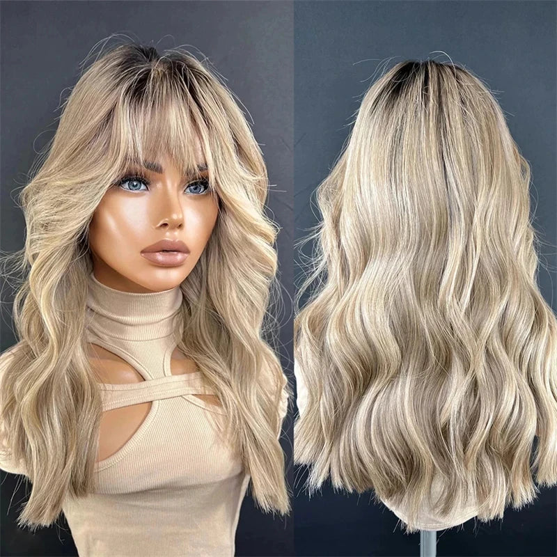 Fawn | Ash Blonde Body Wave Human Hair Wig with Bangs – Brazilian Remy 10A | 150–180% Density | 8–20 Inch