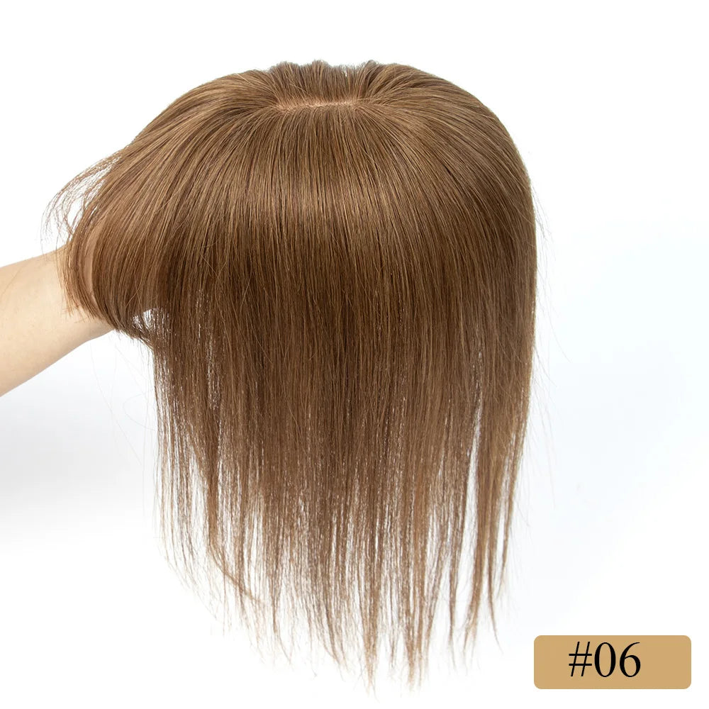 Velvet | Straight Human Hair Topper with Bangs – 8x12cm Base | Clip-In | Natural Black, Brown & Blonde
