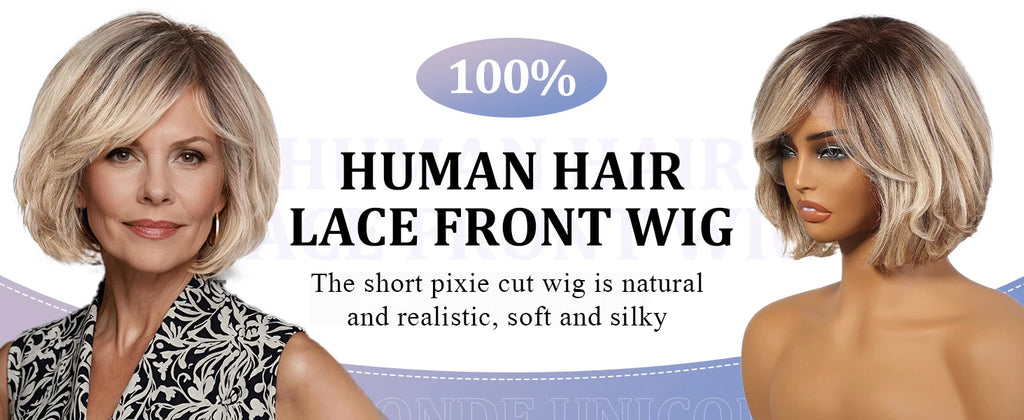 Dusk | Short Layered Wavy Bob Remy Human Hair Wig with Bangs – Blonde Highlights & Dark Roots | 12 Inch