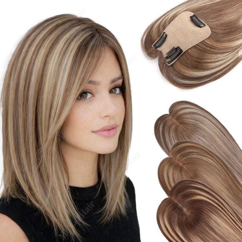 Ombré | Balayage Straight Human Hair Topper – 7x11cm PU Base | Clip-In | Indian Remy | 12–14 Inch