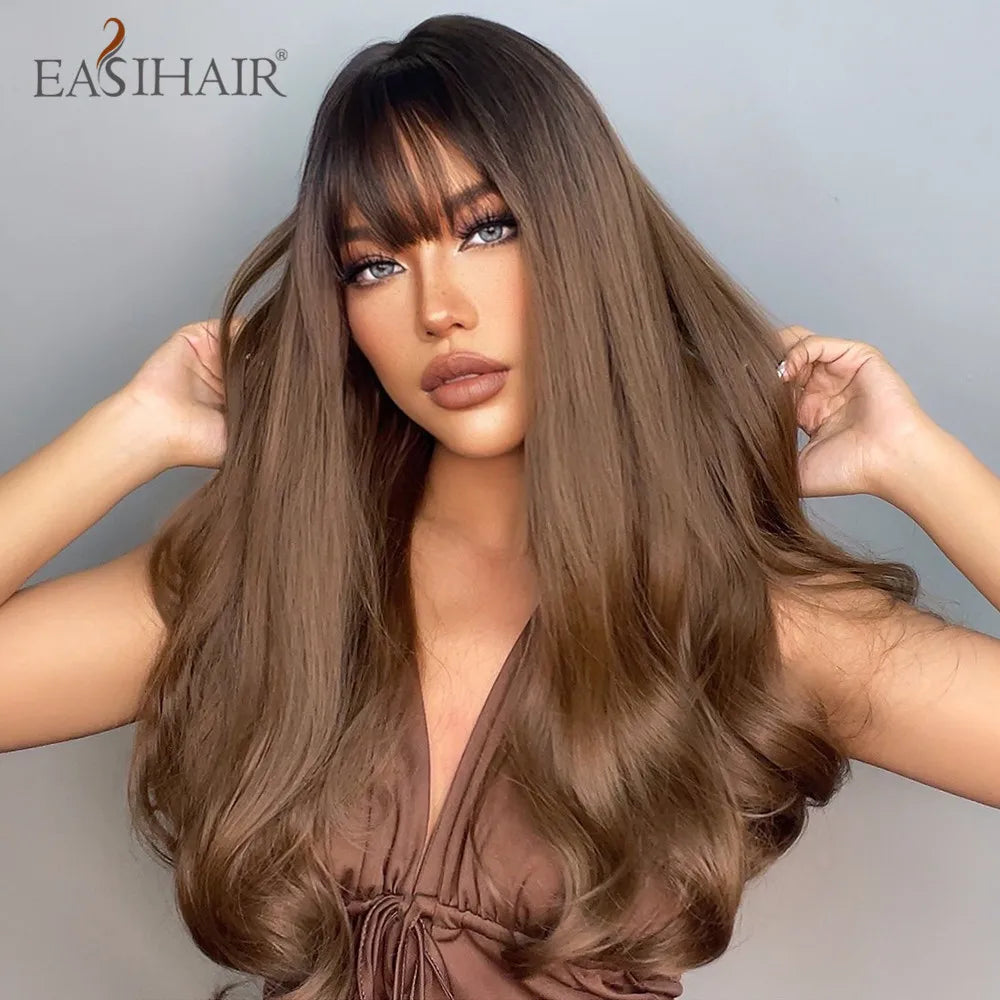 EASIHAIR Brown Mixed Blonde Synthetic Wigs with Bang Long Natural Wavy Hair Wig for Black Women Daily Cosplay Use Heat Resistant