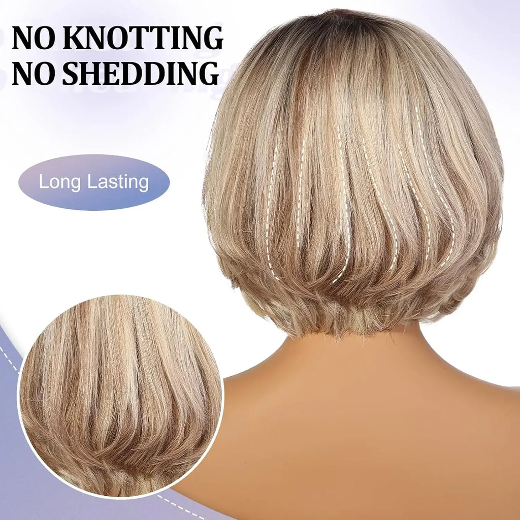 Dusk | Short Layered Wavy Bob Remy Human Hair Wig with Bangs – Blonde Highlights & Dark Roots | 12 Inch
