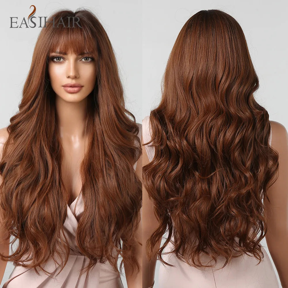 EASIHAIR Brown Mixed Blonde Synthetic Wigs with Bang Long Natural Wavy Hair Wig for Black Women Daily Cosplay Use Heat Resistant