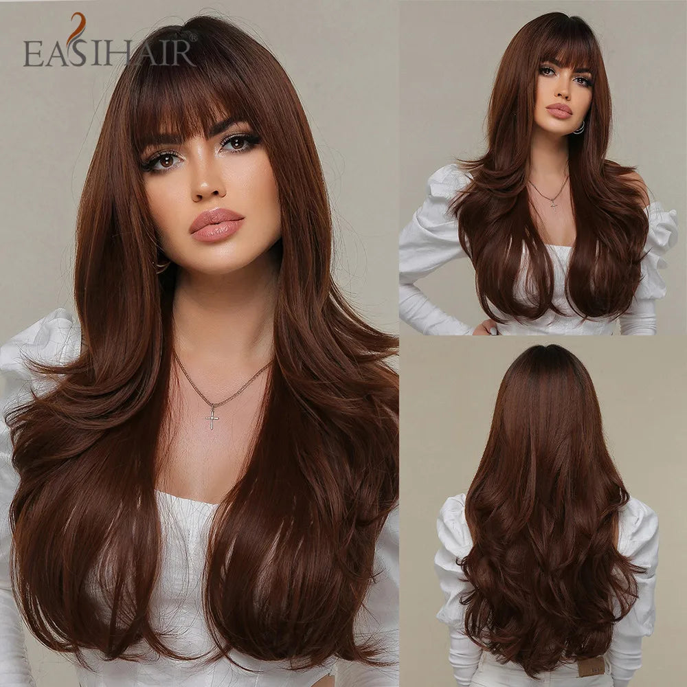 EASIHAIR Brown Mixed Blonde Synthetic Wigs with Bang Long Natural Wavy Hair Wig for Black Women Daily Cosplay Use Heat Resistant